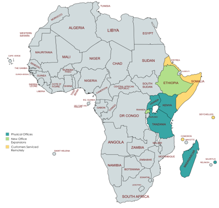 Map of Proximed Africa Biosystems offices and regional coverage across Africa