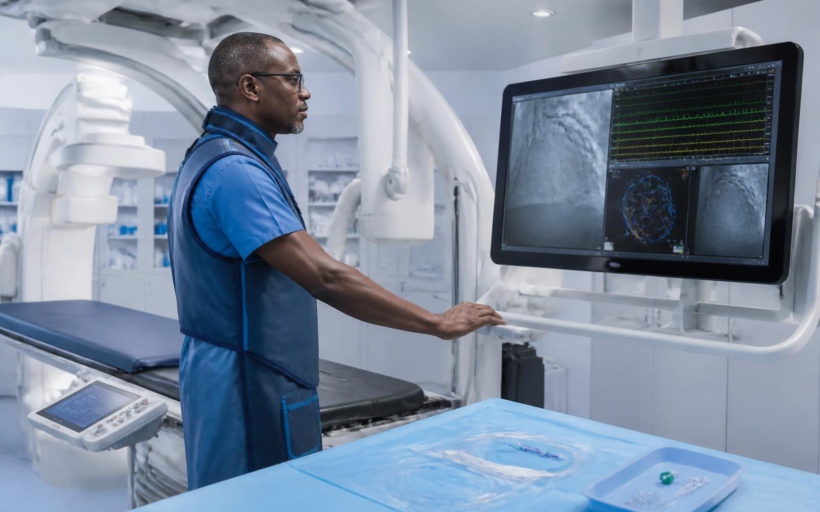 Cardiologist reviewing imaging in a cardiac catheterisation laboratory