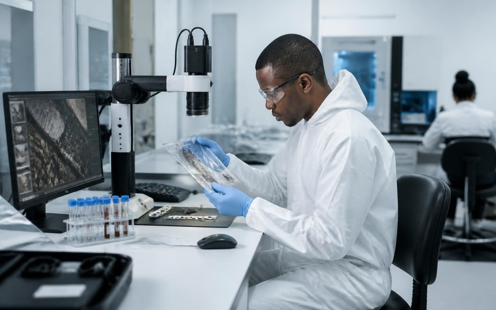 Forensic scientist examining evidence in a secure laboratory