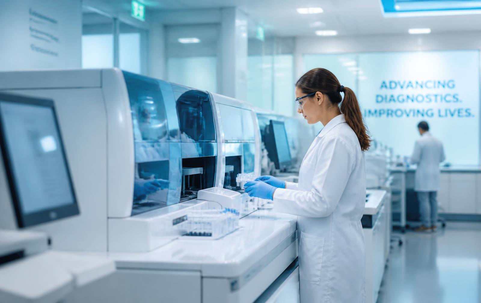 Laboratory scientist operating a clinical diagnostics analyser