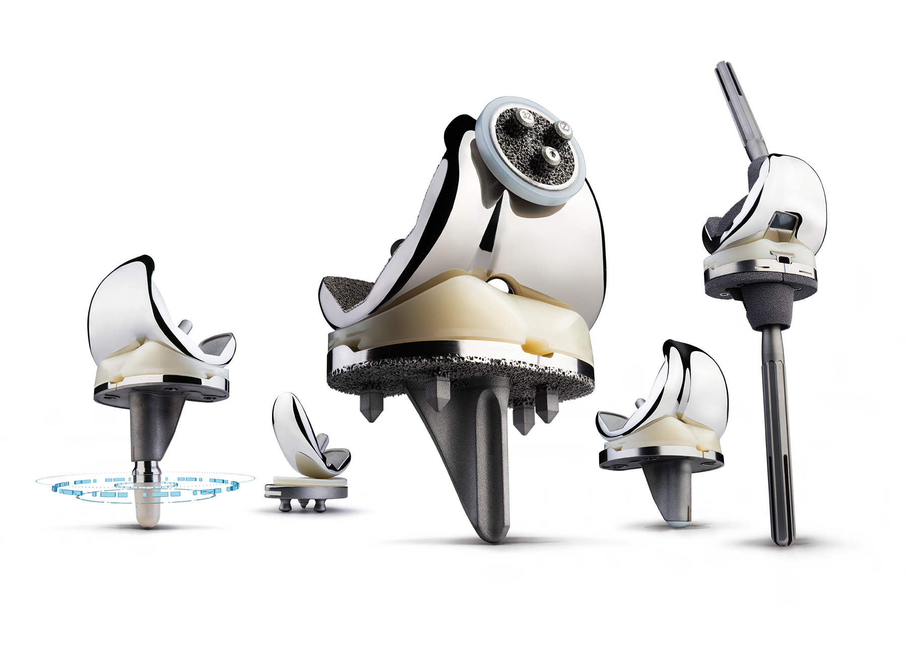 Knee replacement implant system with femoral, tibial and patellar components